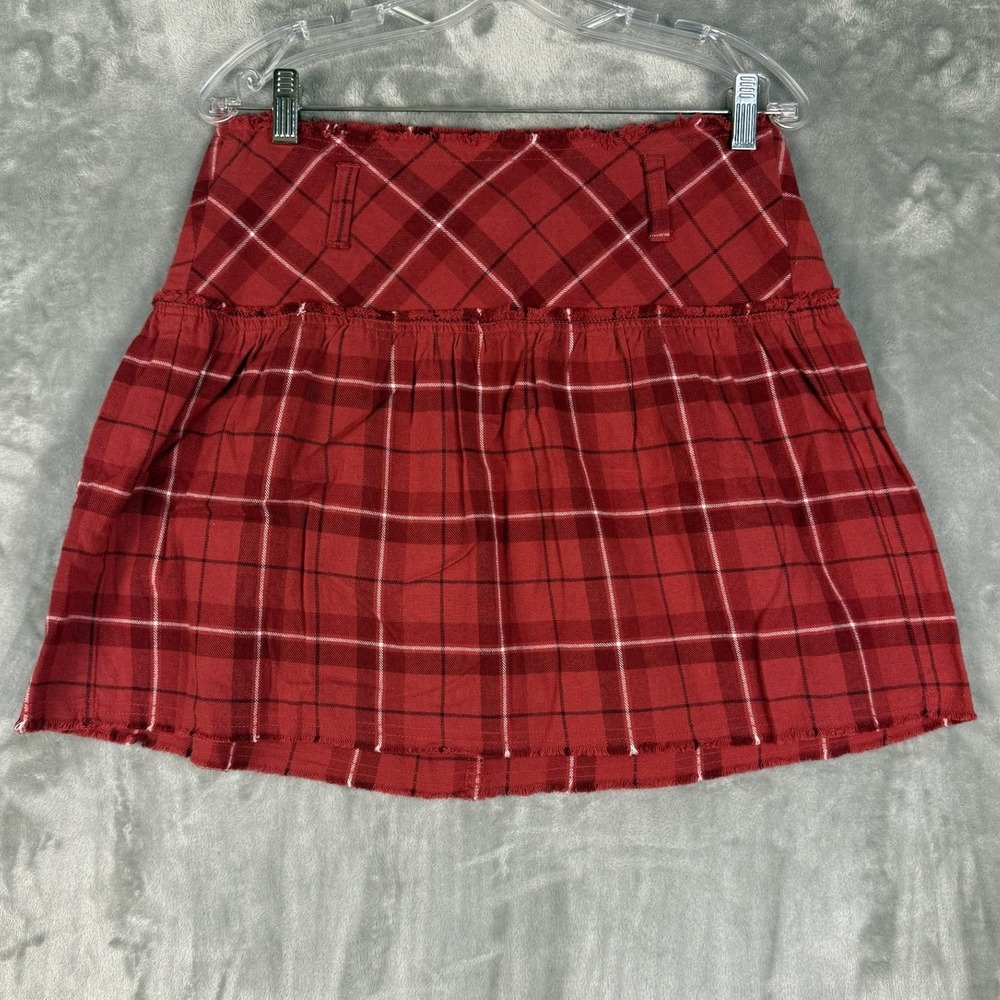 Y2K Guess Jeans Women Red Plaid Flannel Mini Skirt Fringe Distressed Size 27